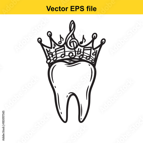 Black and white hand drawn vector illustration of a molar tooth wearing a royal crown decorated with musical notes and a treble clef, isolated on white background