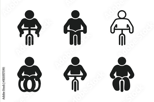 Cyclist Logo Variations. Person on bicycle. Icon set. Set Logo of person on bicycle: cyclist viewed from front perspective with handlebars. harmonious logo