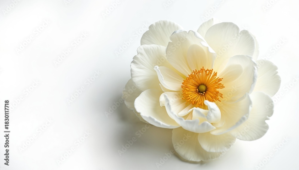 Obraz premium Single white peony flower with yellow center isolated on white background. Delicate petals form a soft bloom, ideal for sympathy cards, invitations, or elegant decor.