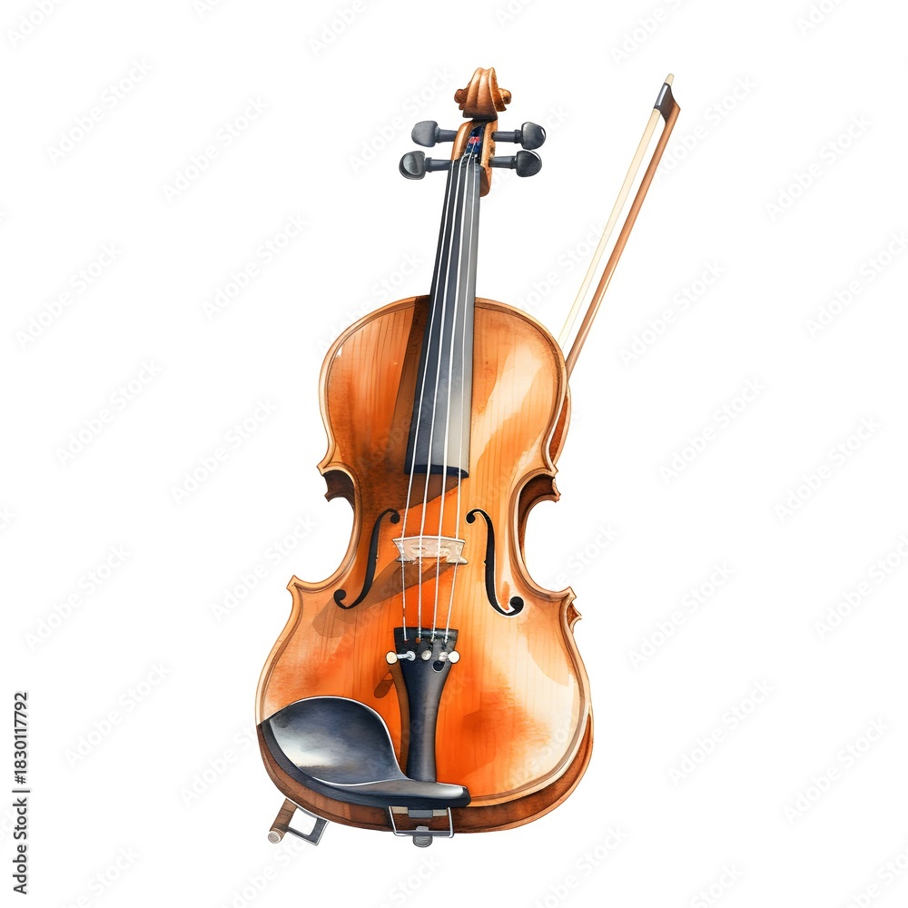 Fototapeta premium Elegant watercolor painting of a violin and bow on a white backdrop creates a musical artwork