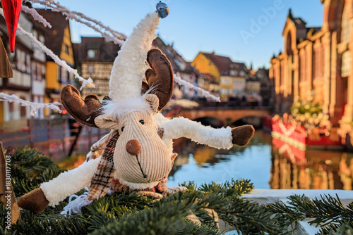 Fototapeta Naklejka Na Ścianę i Meble -  Festive decorations on half timbered houses, Colmar Christmas Market in France