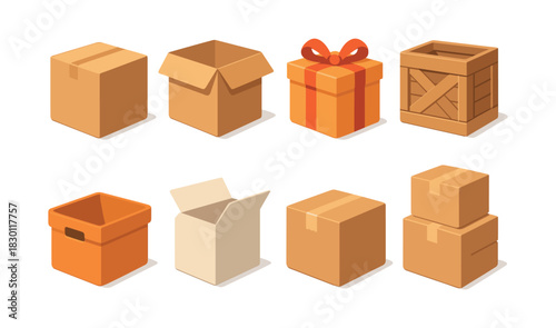 Various boxes and containers, gift, packing, flat vector illustration collection