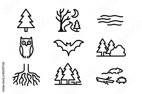 Dark Forest Icons. Dark Forest. Line icon set of Dark Forest: pine tree, shadow tree, moonlight path, mist, owl, bat, dense trees, dark bush, tangled roots,