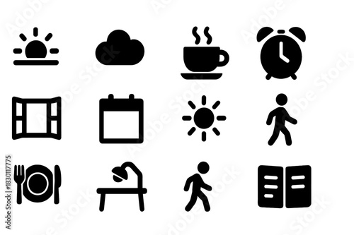Daytime Icon Set. Day. Solid icon set of Day: rising sun, blue sky, cloud, morning coffee, alarm clock, open window, calendar date, sun rays, walking figure,