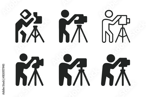 Director Camera Icons. A director adjusting the camera on set for a close-up shot. Icon set. Set Logo of A director adjusting the camera on set for a close-up