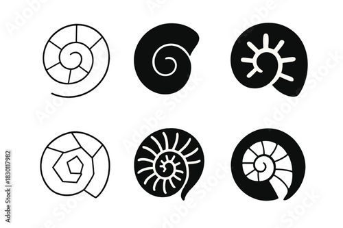 Diverse Fossil Logo Designs. Fossils and geological history of nature. Icon set. Set Logo of fossils and geology: ammonite shell. harmonious logo variations of