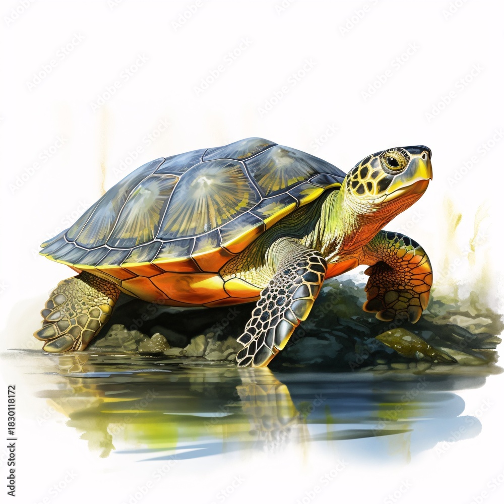 Obraz premium Sea turtle resting near the water's edge in a watercolor painting on white background