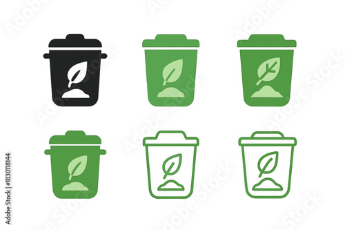 Eco Home Logos. Sustainable home products. Icon set. Set Logo of eco home item: compost bin. harmonious logo variations of the same emblematic concept, each