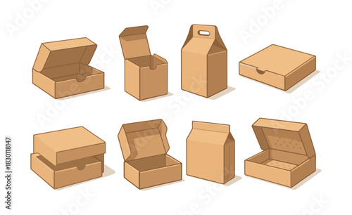 Cardboard boxes set, flat vector illustration, packaging, containers, delivery
