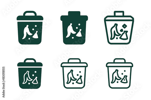 Eco Home Logos. Sustainable home products. Icon set. Set Logo of eco home item: compost bin. harmonious logo variations of the same emblematic concept, each