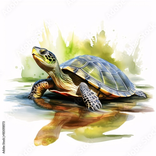 Elegant sea turtle emerges from the water in a watercolor style painting