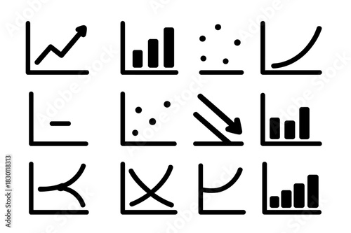 Economic Graph Icons. Economic graph. Solid icon set of Economic graph: line chart, bar chart, curve, axis, data points, trend arrow, equilibrium dot, price