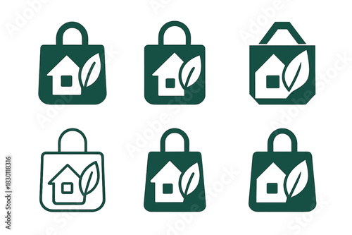 Eco-Friendly Icon Set. Sustainable home products. Icon set. Set Logo of eco home item: reusable shopping bag. harmonious logo variations of the same emblematic