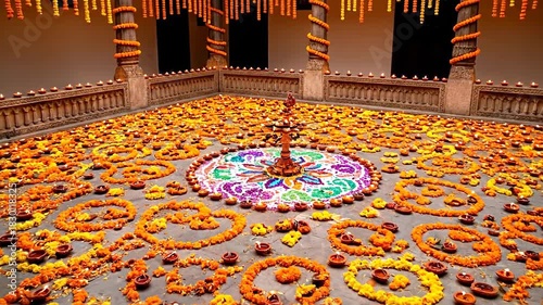 Grand Square Courtyard Illuminated by Countless Oil Lamps and Vibrant Flower Petals in a Traditional Indian Festival Setting Detailed View Warm Ambiance Golden Hour Lighting
