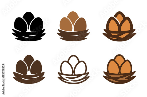 Egg Logo Variations. Fresh Eggs. Icon set. Set Logo of fresh eggs: eggs arranged in nest. harmonious logo variations of the same emblematic concept, each with