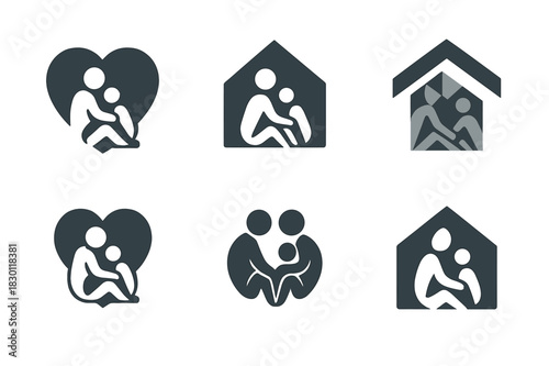 Emblematic Family Shelter Icons. Homeless family. Icon set. Set Logo of homeless family: heart-shaped shelter. harmonious logo variations of the same