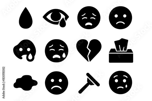 Emotional Icon Set. Emotional Tears. Solid icon set of teardrop, crying eye, water droplet, sad face, eye with tear, sobbing face, broken heart, tissue box,