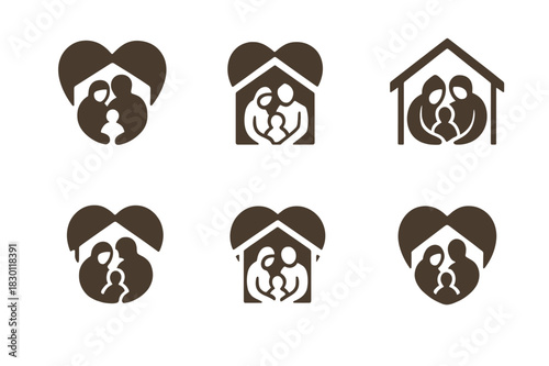 Emblematic Family Shelter Icons. Homeless family. Icon set. Set Logo of homeless family: heart-shaped shelter. harmonious logo variations of the same