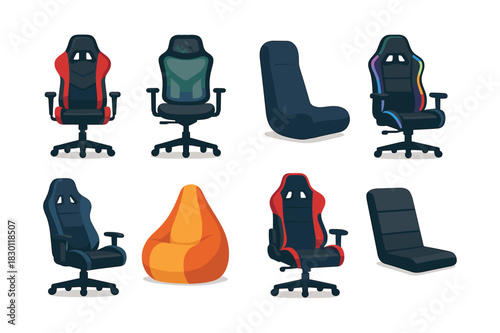 Office and gaming chair set, flat vector illustration, ergonomic design options