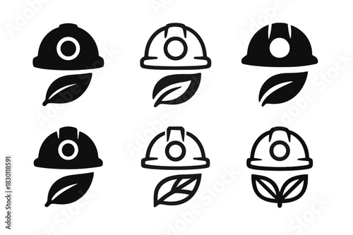 Ethical Mining Icons. Conflict minerals and ethical sourcing in mining. Icon set. Set Logo of ethical mining: miner helmet with leaf. harmonious logo