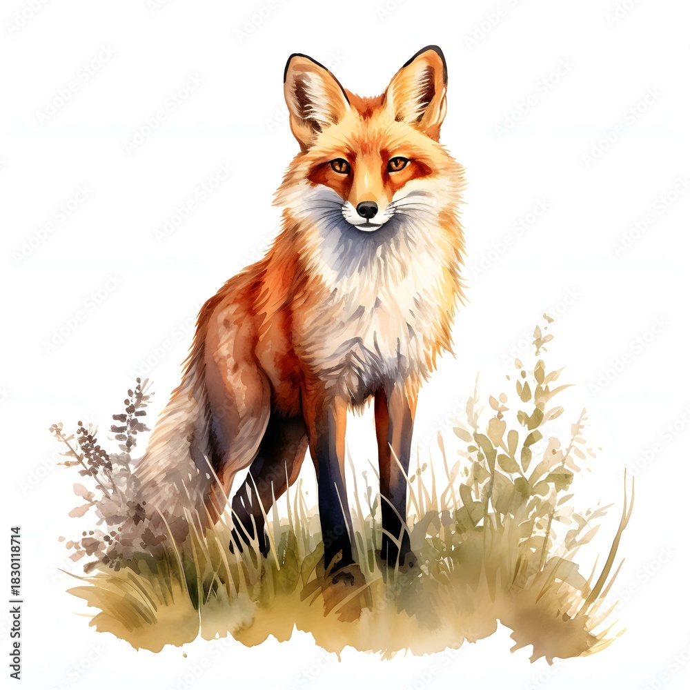 Obraz premium Watercolor painting of a fox standing amidst wild grasses