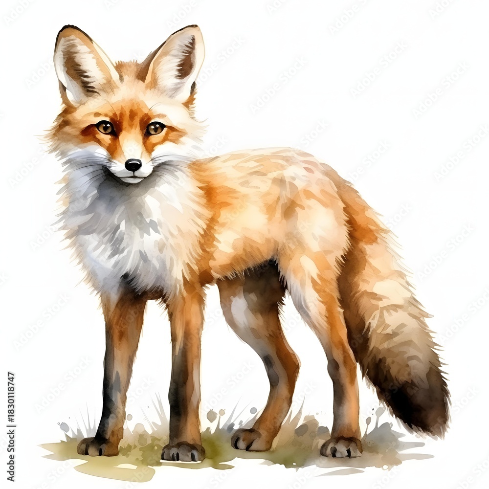 Obraz premium Elegant fox portrait in watercolor on a clean white backdrop in a minimal style