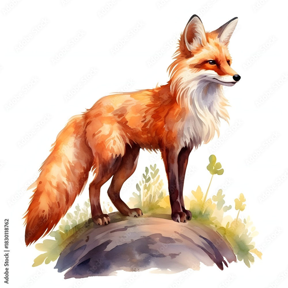 Obraz premium Watercolor painting of a fox standing proudly on a rock with lush vegetation