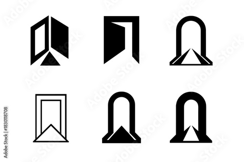 Expanse Logo Variations. Expanse. Icon set. Set Logo of Expanse: open doorway to light. harmonious logo variations of the same emblematic concept, each with