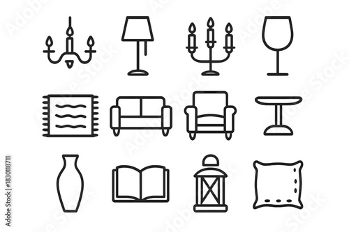 Evening Decor Icons. Evening Decor. Line icon set of Evening Decor: chandelier, floor lamp, candle holder, wine glass, dark rug, sofa, armchair, side table,
