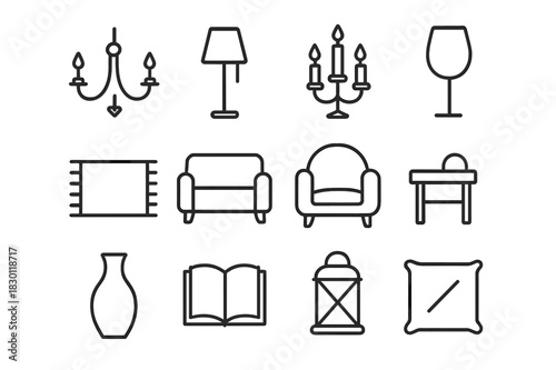 Evening Decor Icons. Evening Decor. Line icon set of Evening Decor: chandelier, floor lamp, candle holder, wine glass, dark rug, sofa, armchair, side table,