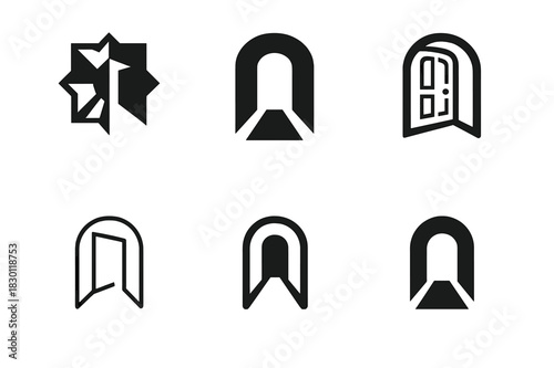 Expanse Logo Variations. Expanse. Icon set. Set Logo of Expanse: open doorway to light. harmonious logo variations of the same emblematic concept, each with