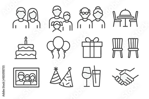 Family Icons Set. Family Gathering Icons. Line icon set of Family Gathering Icons: parents, children, grandparents, dining table, cake, balloons, gift box,