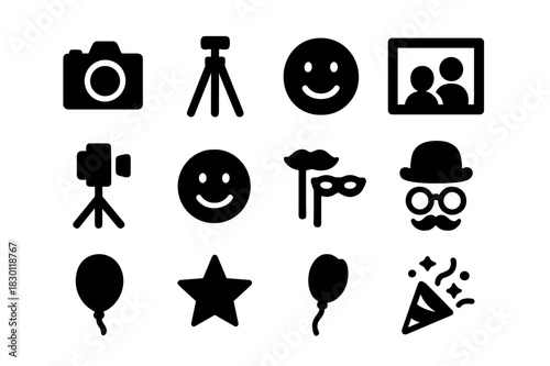 Family Photo Booth Icons. Family Photo Booth. Solid icon set of Family Photo Booth: camera, tripod, curtain backdrop, photo frame, lighting stand, smile face,