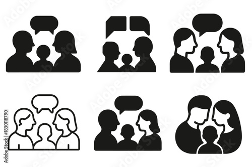 Family Communication Icons. Healthy Communication Within Families. Icon set. Set Logo of Healthy Communication Within Families: parents and child in dialogue.