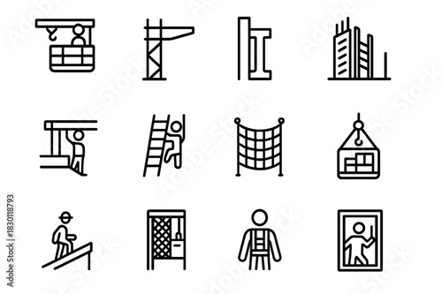 Extreme Height Icons. Extreme construction heights. Line icon set of extreme construction heights: crane platform, scaffolding edge, steel beam, unfinished
