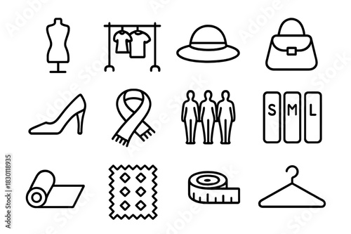 Fashion Line Art Icons. Fashion diversity. Line icon set of fashion diversity: mannequin, clothing rack, hat, handbag, shoe, scarf, body silhouettes, size