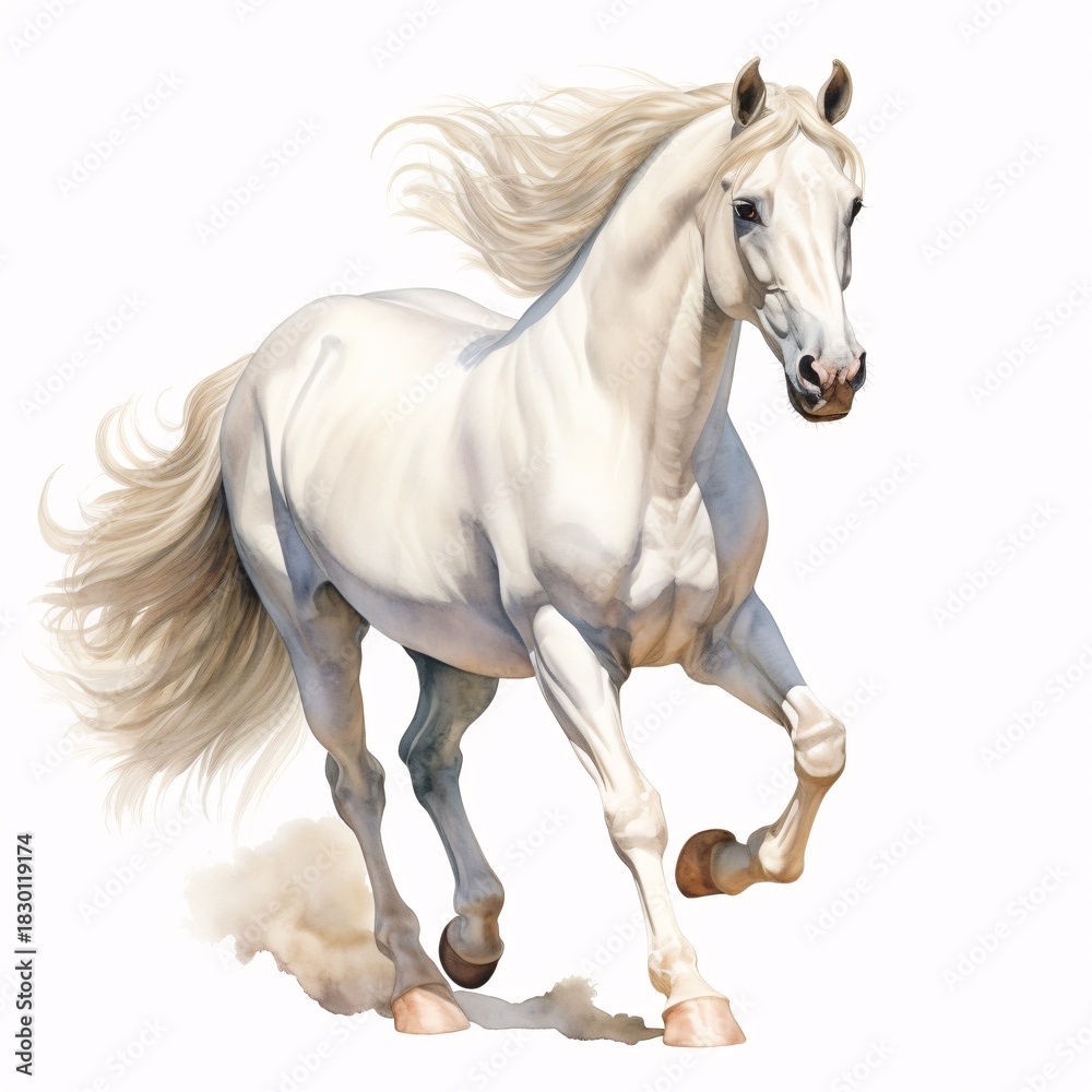 Obraz premium Elegant white horse gallops with its mane flowing on a white background