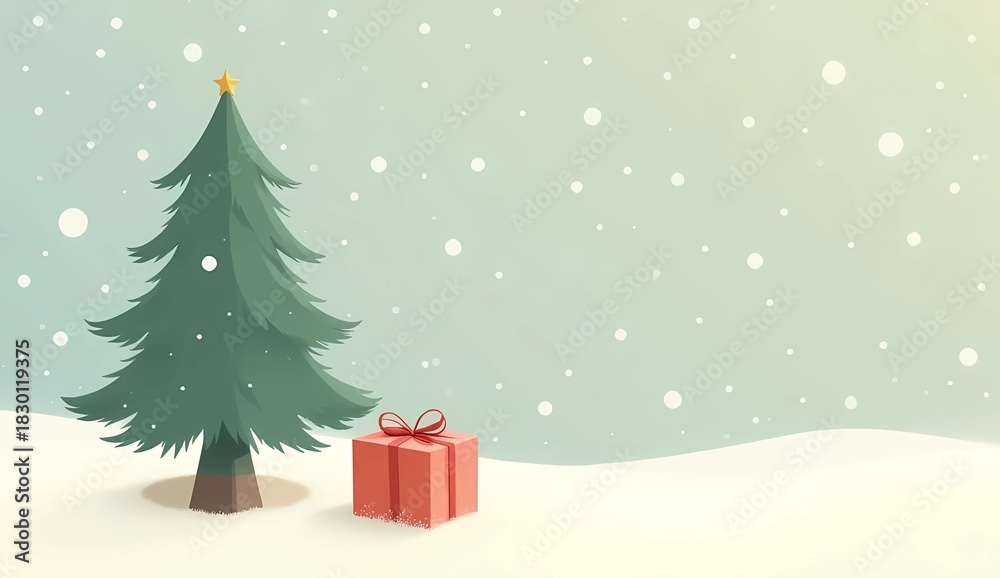 Obraz premium Minimalist Christmas Tree with Gifts in Snow. A simple festive illustration of a Christmas tree with a red star on top, surrounded by gift boxes placed on snowy ground in a soft holiday background.