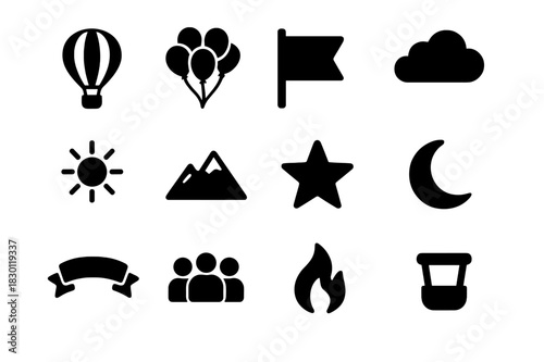 Festival Balloon Icons. Festival balloons. Solid icon set of festival balloons: hot air balloon, colorful balloon bunch, flag, cloud, sun, mountain, star,