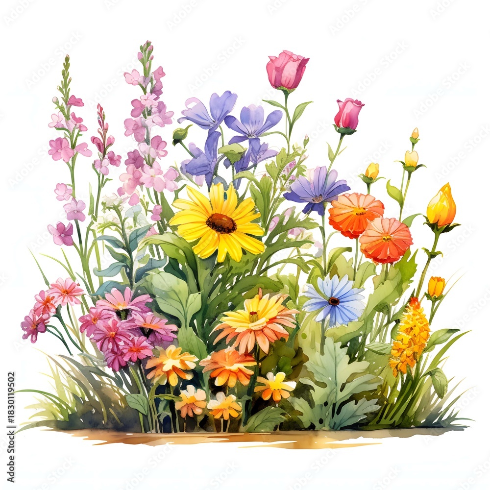 Fototapeta premium Watercolor meadow featuring an array of colorful wildflowers in full bloom on a white background