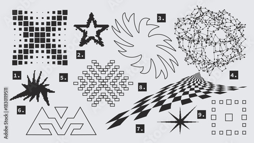 Vector Graphic Assets Set. Shapes in Y2k style, Futuristic, Brutalist, Anti-design