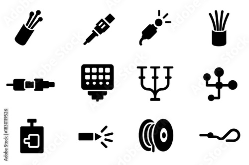 Fiber Optic Icon Set. Fiber optic cables. Solid icon set of Fiber optic cables: fiber strand, optical connector, light pulse, cable bundle, splice point, patch