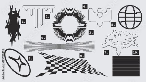 Vector Graphic Assets Set. Shapes in Y2k style, Futuristic, Brutalist, Anti-design