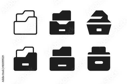 Filing Cabinet Icons. Filing documents in a filing cabinet. Icon set. Set Logo of Filing documents in a filing cabinet: File folder. harmonious logo variations