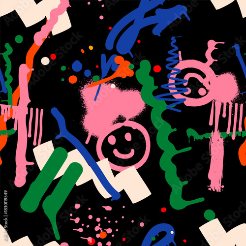 Bold vector graffiti seamless pattern with abstract tags