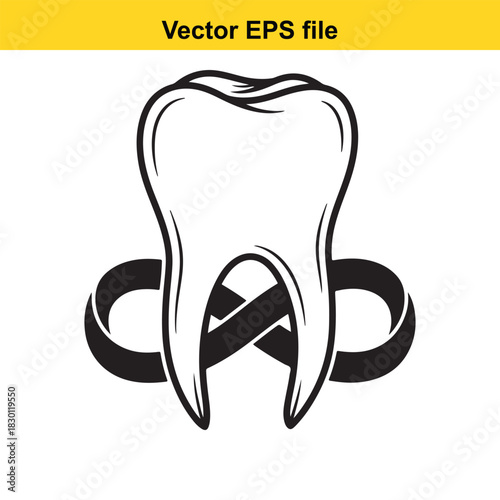 Black and white vector icon of a molar tooth intertwined with an infinity symbol, representing eternal dental health, isolated on white background