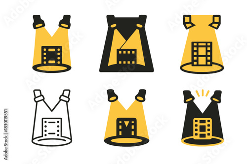 Film Festival Logos. Film festivals. Icon set. Set Logo of film festival: spotlighted stage. harmonious logo variations of the same emblematic concept, each