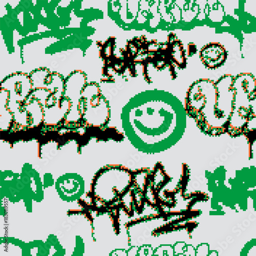 Vector Seamless pixel graffiti pattern with abstract tags, dithered texture. Urban, grunge, playful pixel art style perfect for backgrounds, textiles