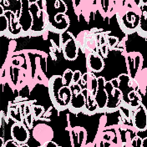 Vector Seamless pixel graffiti pattern with abstract tags, dithered texture. Urban, grunge, playful pixel art style perfect for backgrounds, textiles