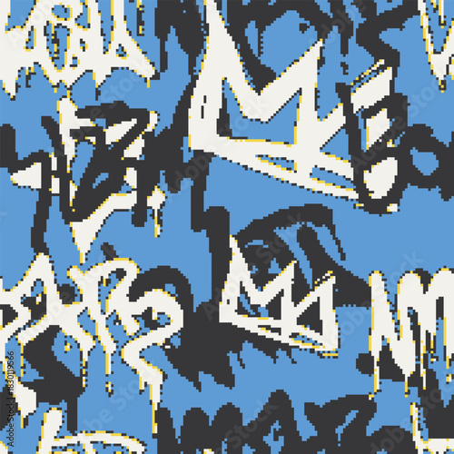 Vector Seamless pixel graffiti pattern with abstract tags, dithered texture. Urban, grunge, playful pixel art style perfect for backgrounds, textiles